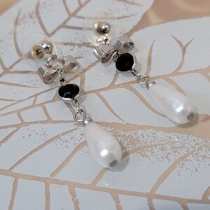 Vintage Silver Earrings Bow Pearl Drop Dangle With Black Gem Silver Tone